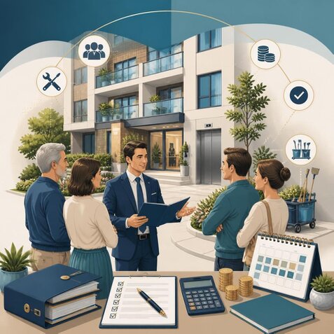 Réunion de copropriétaires en PPE avec un gestionnaire immobilier.