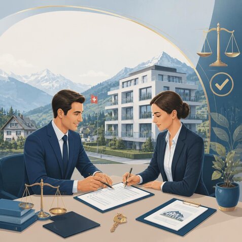 Signature d’un contrat de vente immobilière chez un notaire en Suisse.